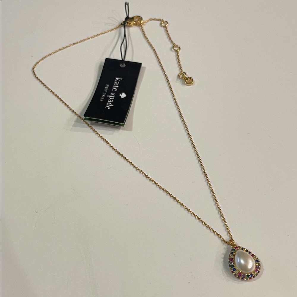 Kate Spade Gold Pearl/Rainbow Crystal Teardrop Pendant Necklace NWT